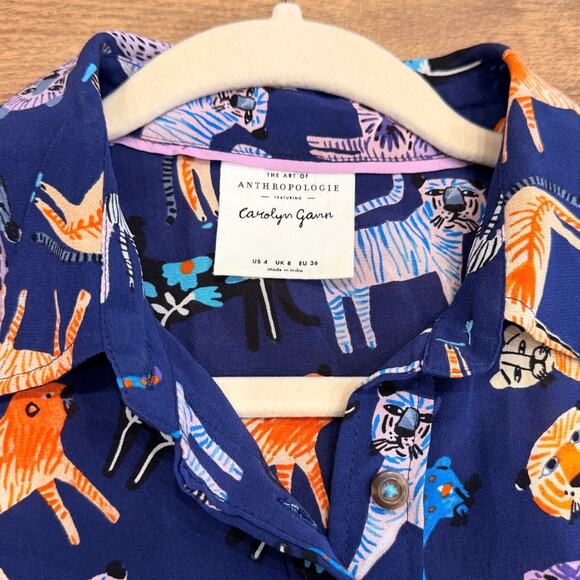 Anthropologie Carolyn Gavin Mariposa Silk Blouse in Blue Jungle Cat Print size 4 - Picture 6 of 10